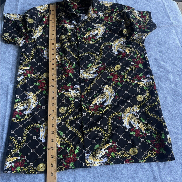 Drill Clothing Shirt Mens Medium Black Button Up Chain Print Tiger Roses Stretch - Picture 9 of 10